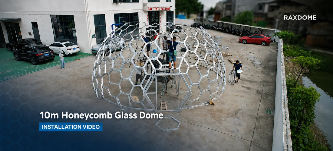 10m honeycomb glass dome installation at the RAXDOME factory