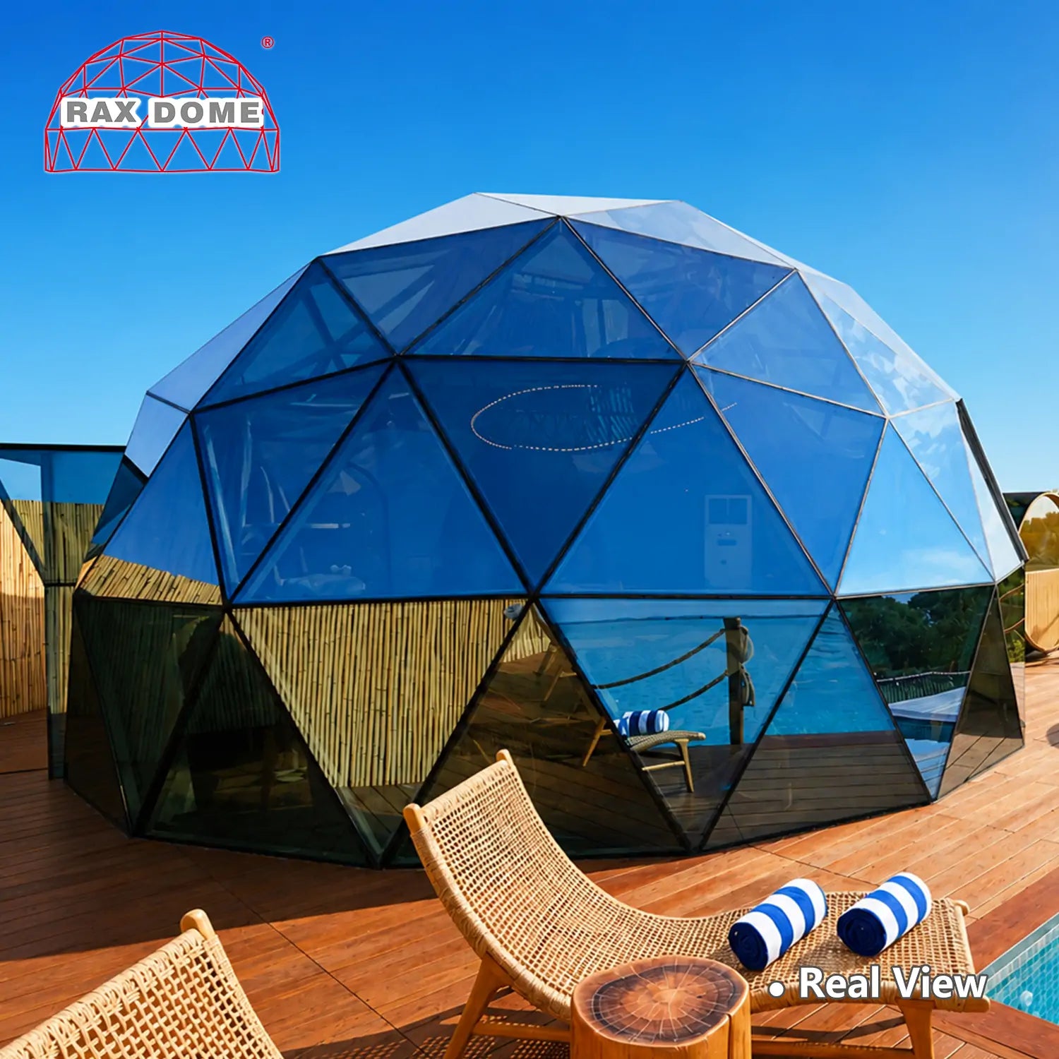 7m Blue Coated Glass Dome Hotel Suite for Luxury Beach Glamping
