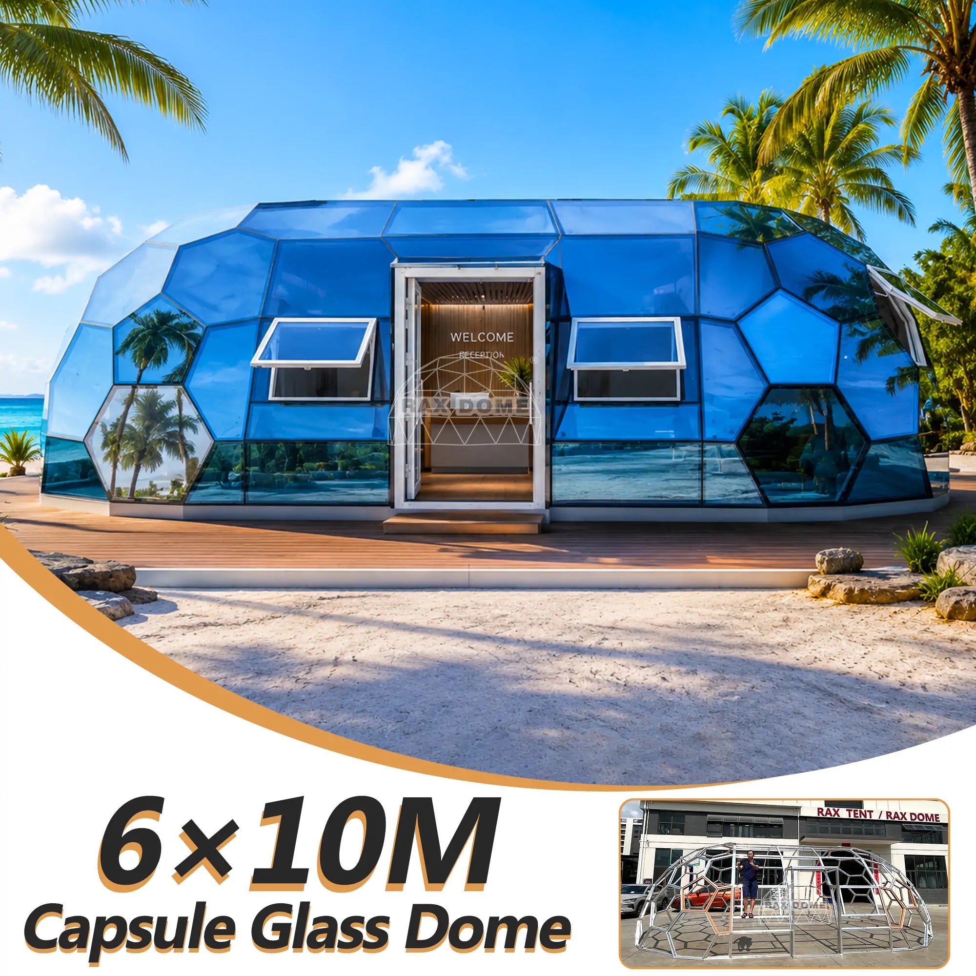 6×10M Capsule Glass Dome for Resort Rooms & Reception Blue Glass Glamping Dome House