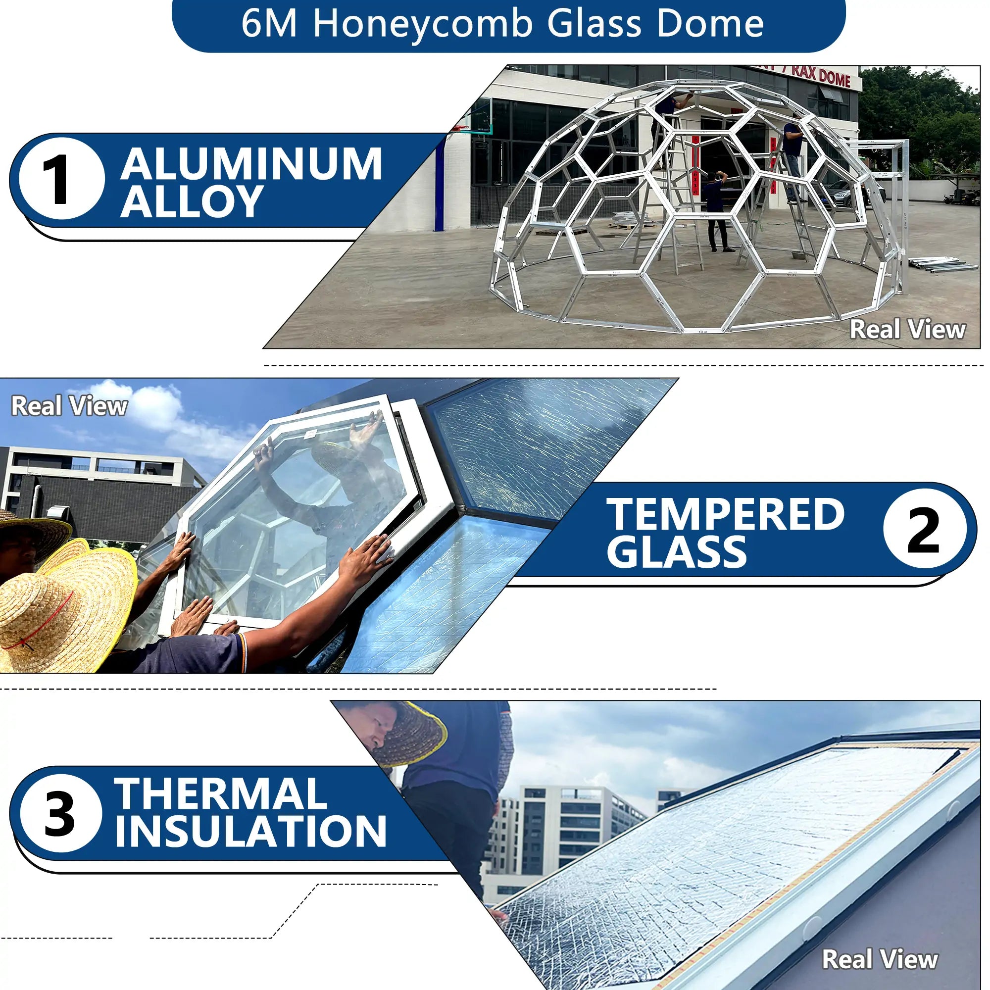 6M Blue Honeycomb Glass Dome House | Insulated Double Glazed Dome for Living & Glamping | Mauritius Project