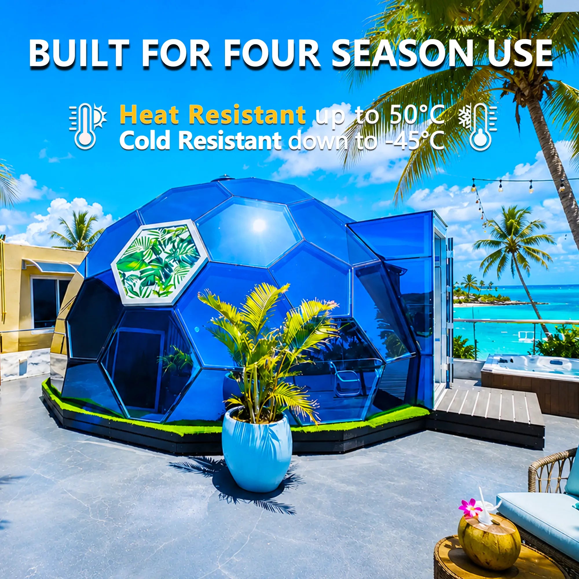 6M Blue Honeycomb Glass Dome House | Insulated Double Glazed Dome for Living & Glamping | Mauritius Project